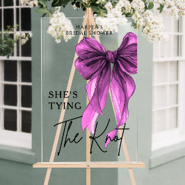 Señal Acrílica She's Tying The Knot Purple Bow Welcome Sign