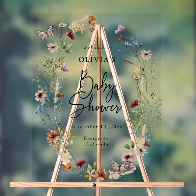 Señal Acrílica Signo de acrílico de la ducha del bebé de la marip (Butterfly Floral Boho Baby Shower Acrylic Welcome Sign
by Painted Paperie)
