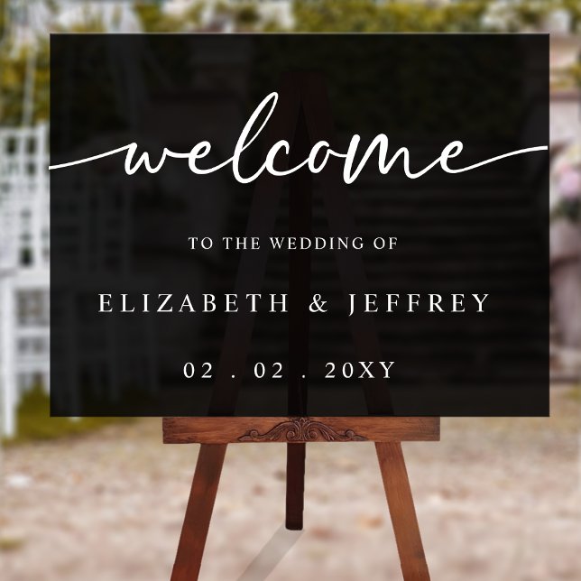 Señal Acrílica Signo de bienvenida de Boda blanco de escritura mo (Black Modern Script White Wedding Welcome Sign)