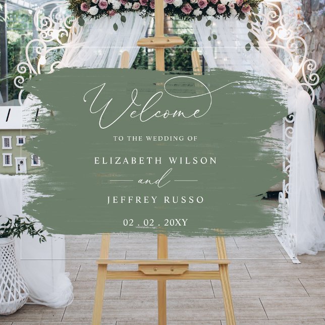 Señal Acrílica Signo de bienvenida de Boda de pincel de salvia (Sage Brush Strokes Wedding Welcome Sign)