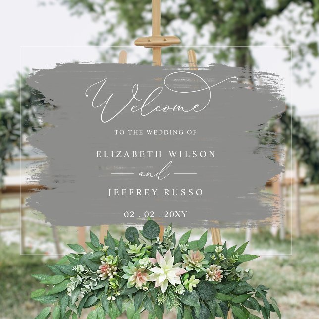 Señal Acrílica Signo de bienvenida del Boda de brochas de pincel  (Gray Brush Strokes Wedding Welcome Sign)