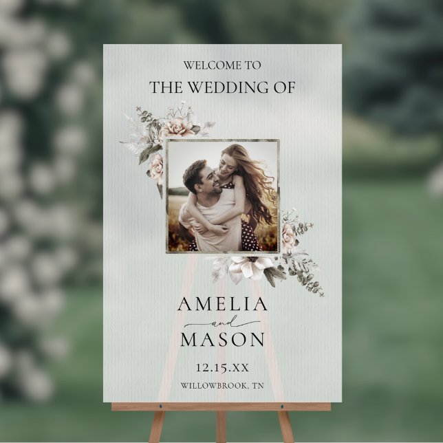 Señal Acrílica Signo de bienvenida del Boda de fotografía de acua (Translucent Floral Watercolor Photo Wedding Welcome Sign)