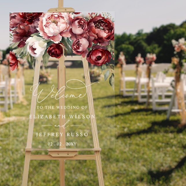 Señal Acrílica Signo de bienvenida del Boda floral borgoñés botán (Botanical Burgundy Floral Wedding Welcome Sign)