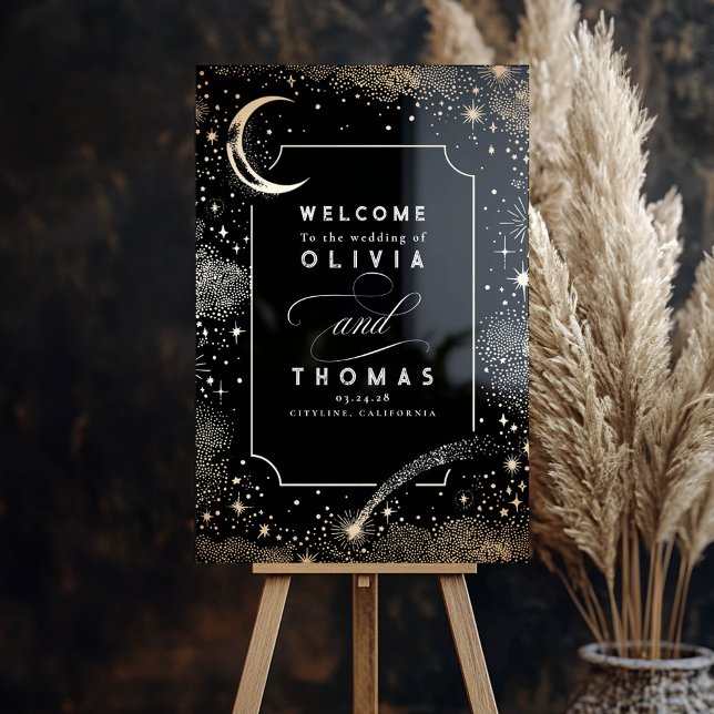 Señal Acrílica Signo de bienvenida del Boda negro celestial Stars (Celestial Black Wedding Acrylic Welcome Sign)