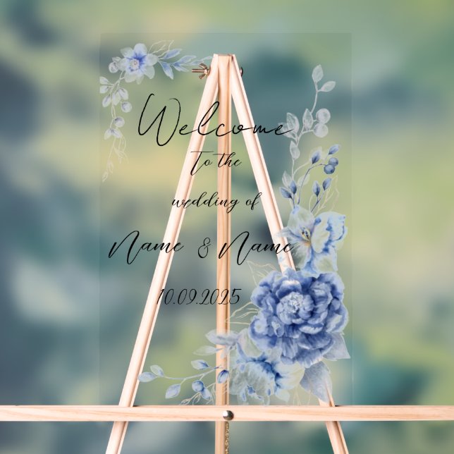 Señal Acrílica Signo de boda acrílico azul floral (Neutral )
