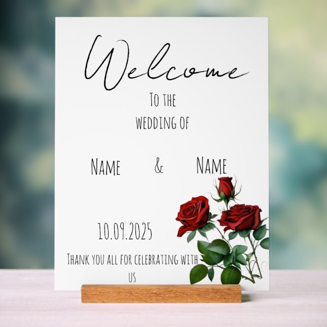 Señal Acrílica Signo de boda acrílico de rosas rojas rojas (Neutral )