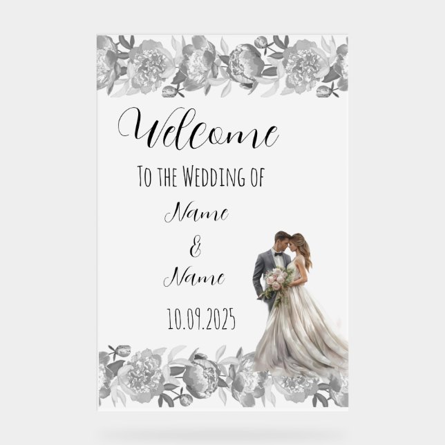 Señal Acrílica Signo de boda acrílico gris floral (Anverso)