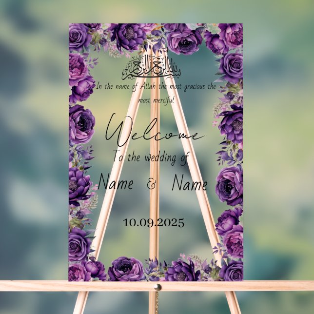 Señal Acrílica Signo de boda acrílico morado floral (Neutral )