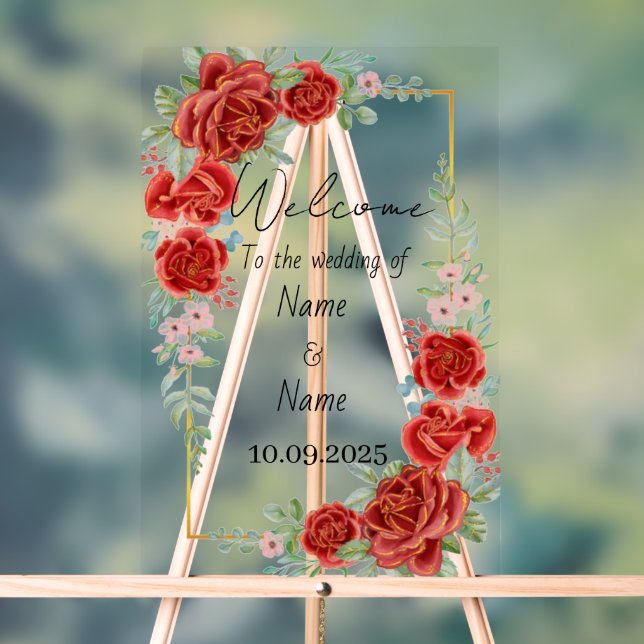 Señal Acrílica Signo de boda acrílico rojo floral (Neutral )