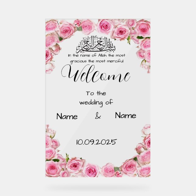 Señal Acrílica Signo de boda acrílico rosa floral (Anverso)