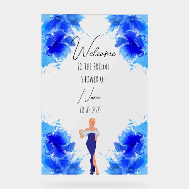 Señal Acrílica Signo de ducha de novia acrílica azul floral (Anverso)