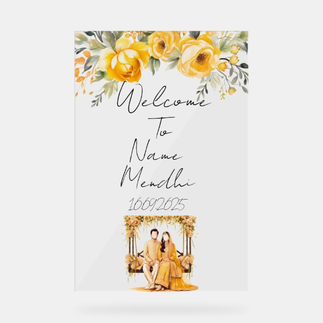 Señal Acrílica Signo de Mendhi amarillo floral (Anverso)