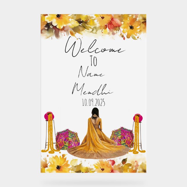 Señal Acrílica Signo de Mendhi amarillo floral (Anverso)