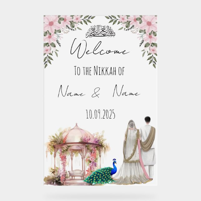 Señal Acrílica Signo islámico de Nikkah rosa floral. (Anverso)