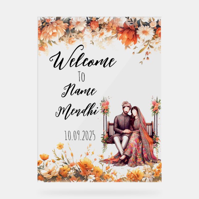 Señal Acrílica Signo Mendhi de acrílico naranja floral (Anverso)