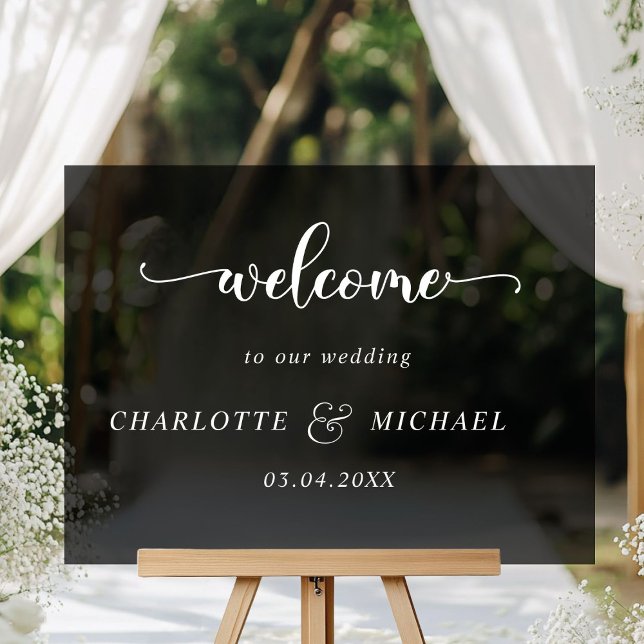 Señal Acrílica Simpel, elegante, boda (Elegant Simpel Weddings Acrylic "Welcome" Sign, black transparent, with your names & date.)
