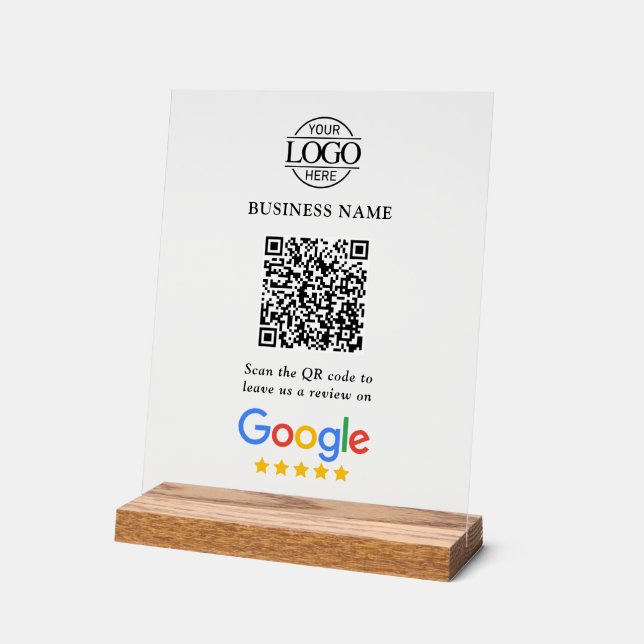 Señal Acrílica Simple Custom Google Reviews QR Code Business Logo (Ángulo)