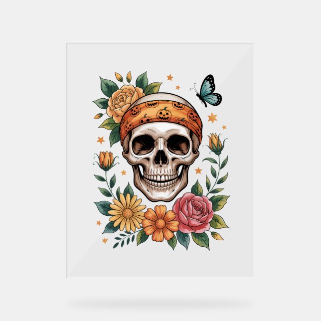 Señal Acrílica Skull Floral Halloween Spooky (Anverso)
