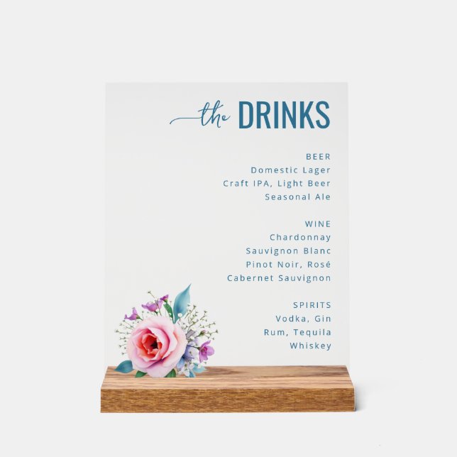 Señal Acrílica Sofisticado Menú de Bebidas Florales Azules (Anverso)