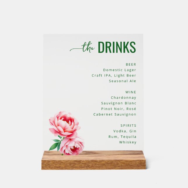 Señal Acrílica Sofisticado Menú de Bebidas Florales Negras (Anverso)