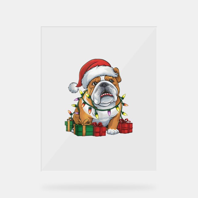 Señal Acrílica Sombrero de Santa Luces de Navidad English Bulldog (Anverso)