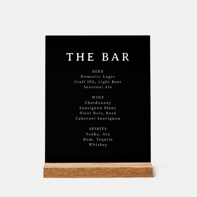 Señal Acrílica Sophisticated Black Serif Bar Menu Sign (Anverso)