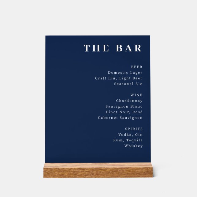 Señal Acrílica Sophisticated Navy Blue Typographic Bar Menu (Anverso)