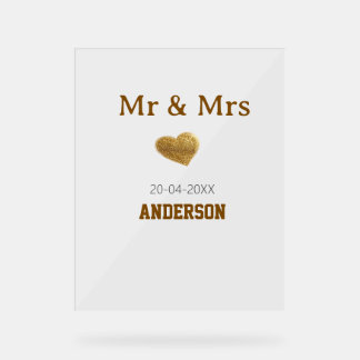 Señal Acrílica Sr y Sra añaden apellido corazón de brillo dorado