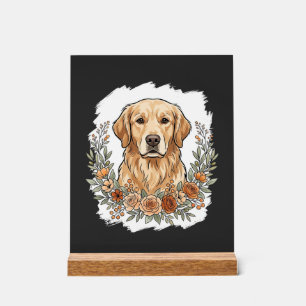 Señal Acrílica Sublimación de Golden Retriever Floral