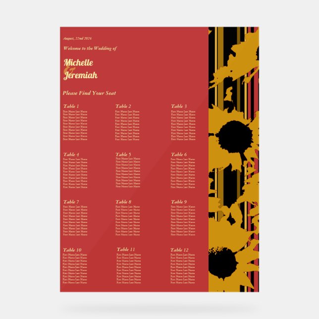 Señal Acrílica Sunflower Sunset Coral Gold Wedding Seat Chart (Anverso)