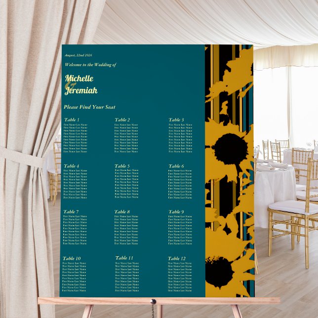 Señal Acrílica Sunflower Teal Blue Gold Modern Wedding Seat Chart (Subido por el creador)