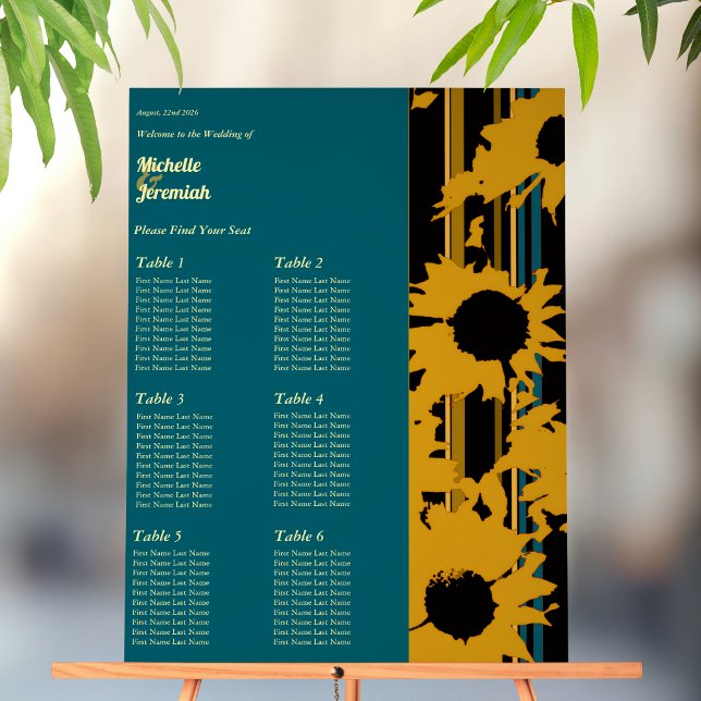 Señal Acrílica Sunflower Teal Blue Gold Modern Wedding Seat Chart (Subido por el creador)
