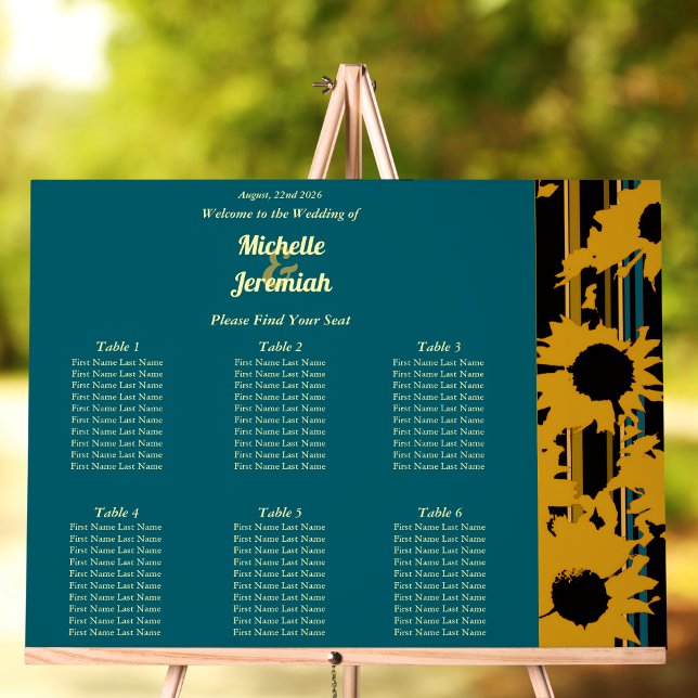 Señal Acrílica Sunflower Teal Blue Gold Modern Wedding Seat Chart (Subido por el creador)