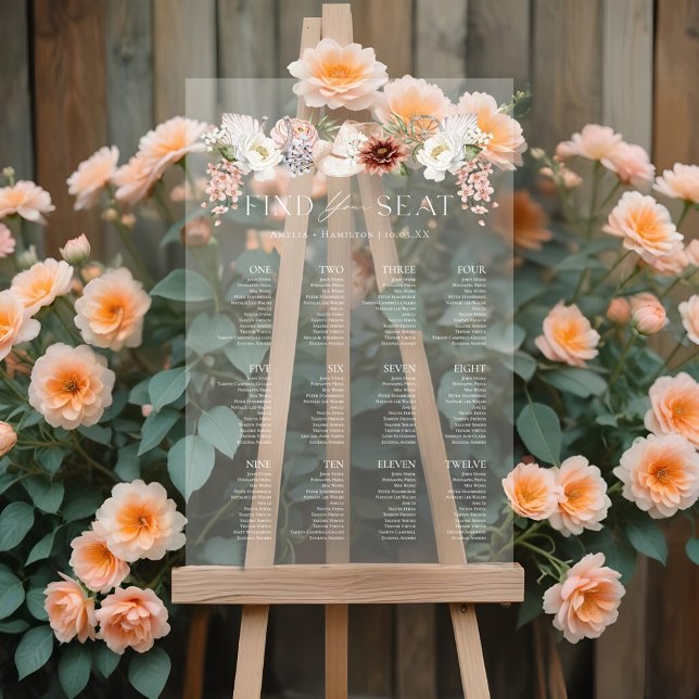 Señal Acrílica Tabla de asientos de 12 Bodas de mesa de la Floral (Western Boho Floral 12 Table Wedding Seating Chart)