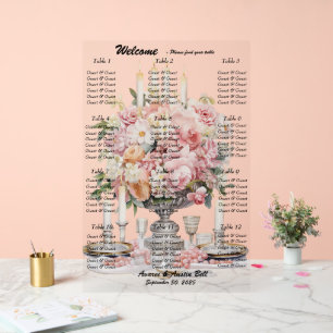 Señal Acrílica Tabla de asientos florales en blanco y rosa boda