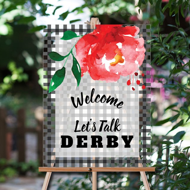 Señal Acrílica Talk Derby to Me Red Rose sobre la bienvenida a Gi (Let's Talk Derby red rose on black and white gingham Welcome acrylic sign)