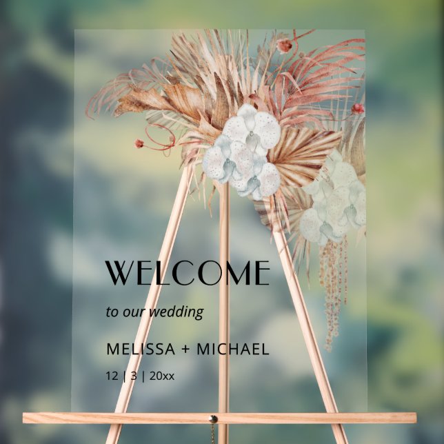 Señal Acrílica Tarjeta de bienvenida de boda con flores boho acua (Neutral )