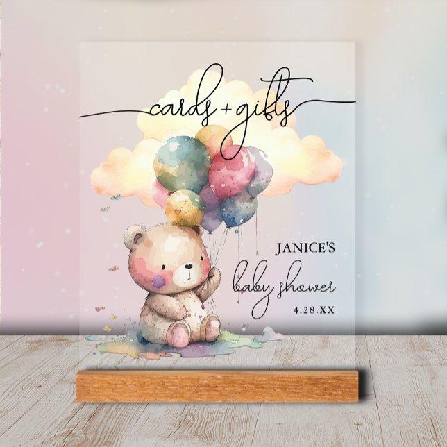 Señal Acrílica Tarjetas Baby Shower de oso + regalos (Bear Baby Shower Cards + Gifts Tabletop Acrylic Sign)