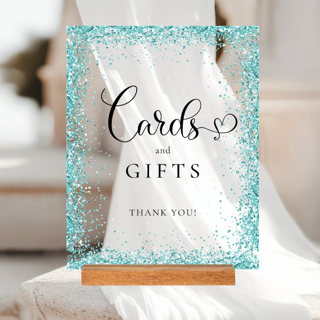 Señal Acrílica TARJETAS & REGALOS Mint Glitter Despedida de Solte (CARDS & GIFTS Mint Glitter Bridal Shower Acrylic Sign)