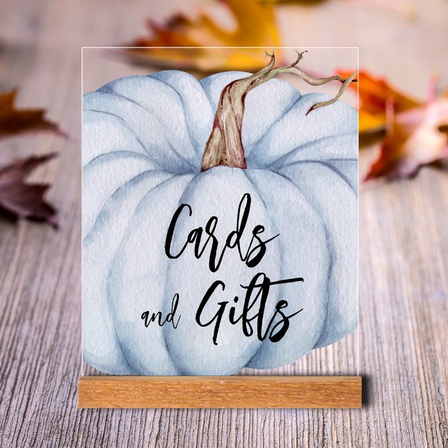 Señal Acrílica Tarjetas y regalos Baby Shower de calabaza azul (Blue Pumpkin Boy Baby Shower Cards and Gifts Clear Acrylic Tabletop Sign)