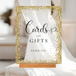 Señal Acrílica TARJETAS Y REGALOS Bridal Shower con Brillo Dorado