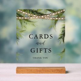 Señal Acrílica Tarjetas y regalos de boda con luces de palmeras d