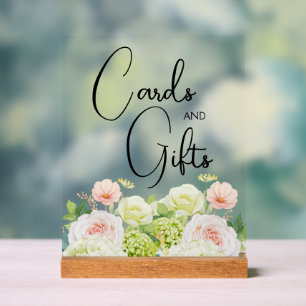 Señal Acrílica Tarjetas y regalos de desayuno nupcial con flores 