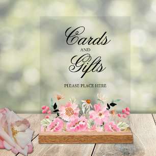 Señal Acrílica Tarjetas y regalos de desayuno nupcial con flores