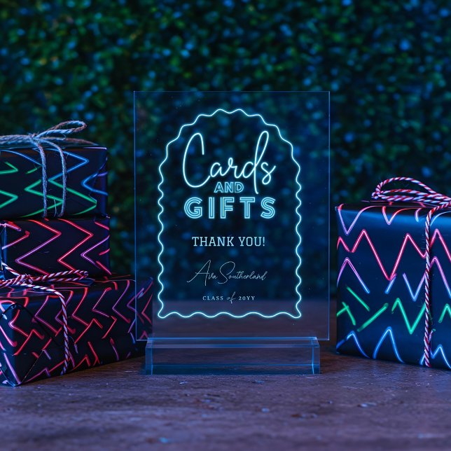 Señal Acrílica Tarjetas y regalos fiesta de graduación de Neón az (Cards & Gifts Wavy Blue Neon Graduation Party Acrylic Sign)