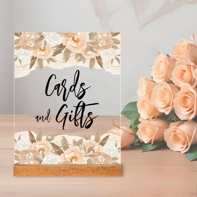 Señal Acrílica Tarjetas y regalos Flores de cuchara Ducha de novi (Cards & Gifts bridal shower clear acrylic sign with rustic peach flowers and leaves  top and bottom)