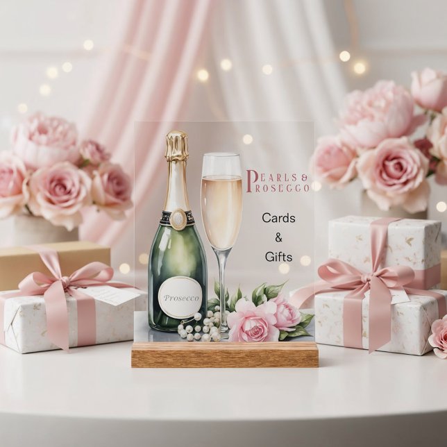 Señal Acrílica Tarjetas y regalos para despedida de soltera con p (Front view pearls and prosecco bridal shower prosecco bar champagne bottle cards and gifts sign)