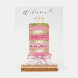 Señal Acrílica Tartas rosadas y doradas "Bienvenida" personalizad
