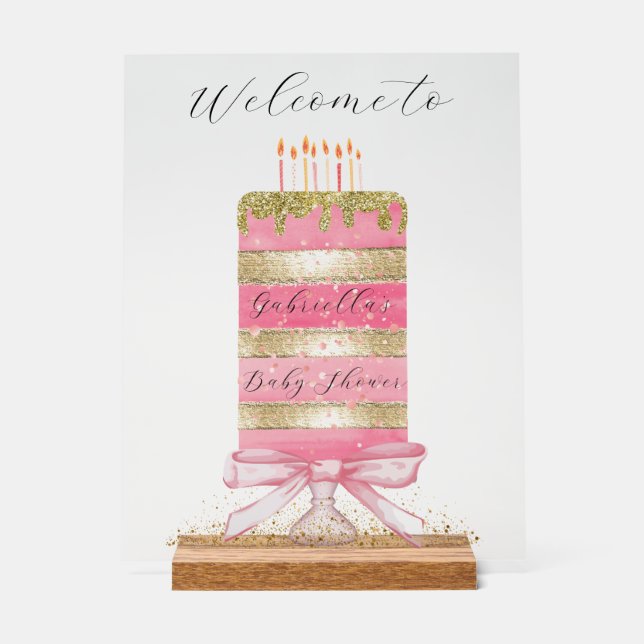 Señal Acrílica Tartas rosadas y doradas "Bienvenida" personalizad (Anverso)