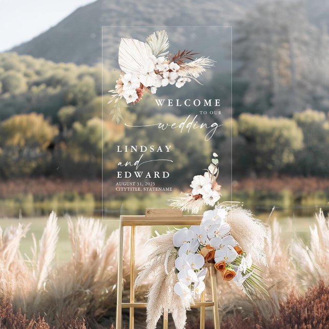 Señal Acrílica Terracota y Rótulo acrílico Boda de flores blancas (Boho Wedding Transparent Acrylic Welcome Sign)